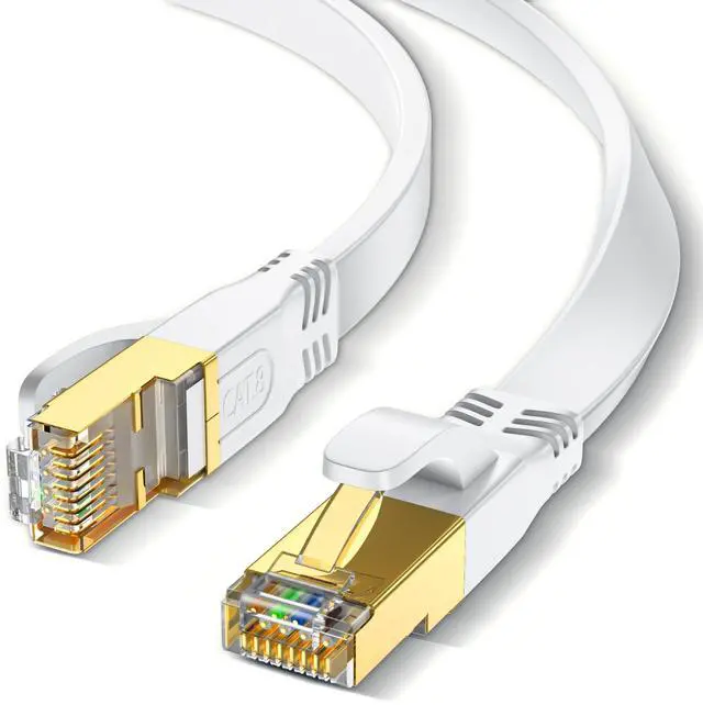 Main image of Cat 8 Ethernet Cable 3ft,6ft,10ft,15ft,20ft,30ft,40ft,50ft,65ft,75ft,100ft,150ft,200ft White, Outdoor and Indoor Flat S/FTP Patch Cord 40Gbps, 2000MHz High Speed RJ45 Network Cable, White 3ft