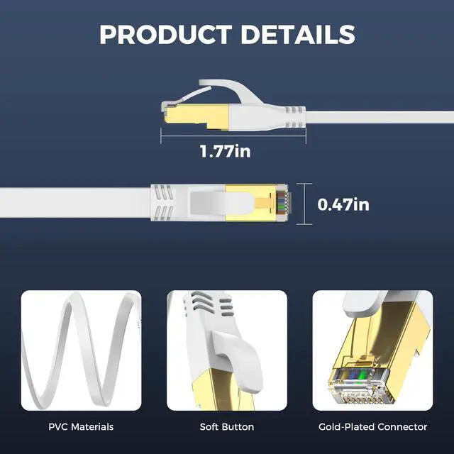 Alt view image 6 of 7 - Cat 8 Ethernet Cable 3ft,6ft,10ft,15ft,20ft,30ft,40ft,50ft,65ft,75ft,100ft,150ft,200ft White, Outdoor and Indoor Flat S/FTP Patch Cord 40Gbps, 2000MHz High Speed RJ45 Network Cable, White 3ft