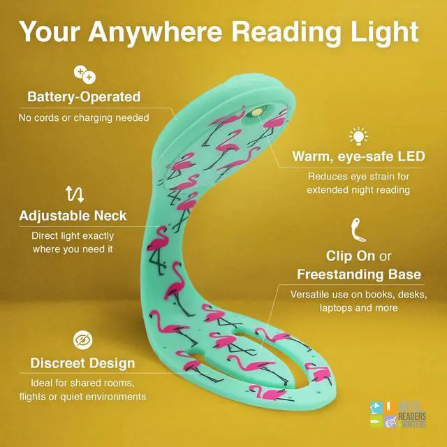 Alt view image 3 of 7 - Book Light, Clip On Reading Light for Bed, 2in1 Flexilight & Bookmark, Small & Lightweight with a Soft Glow, 2 Batteries Included, Flamingo