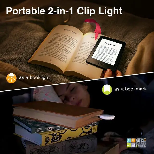 Alt view image 5 of 7 - Book Light, Clip On Reading Light for Bed, 2in1 Flexilight & Bookmark, Small & Lightweight with a Soft Glow, 2 Batteries Included, Light Poo