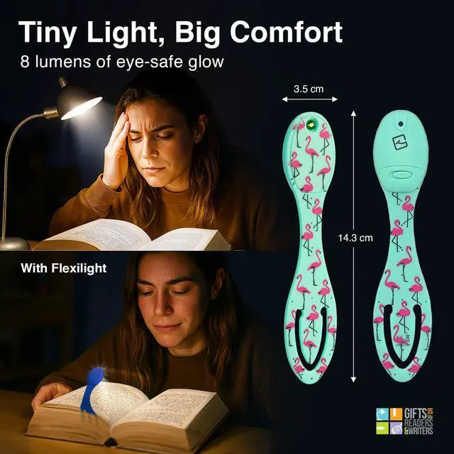Alt view image 5 of 7 - Book Light, Clip On Reading Light for Bed, 2in1 Flexilight & Bookmark, Small & Lightweight with a Soft Glow, 2 Batteries Included, Flamingo