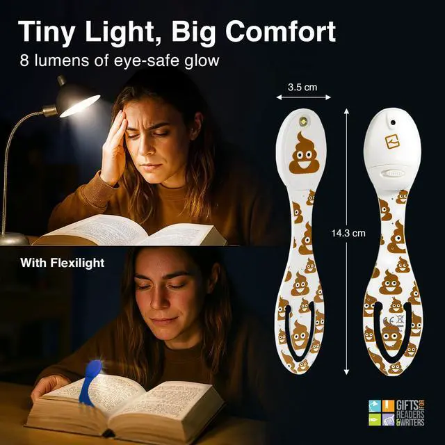 Alt view image 6 of 7 - Book Light, Clip On Reading Light for Bed, 2in1 Flexilight & Bookmark, Small & Lightweight with a Soft Glow, 2 Batteries Included, Light Poo