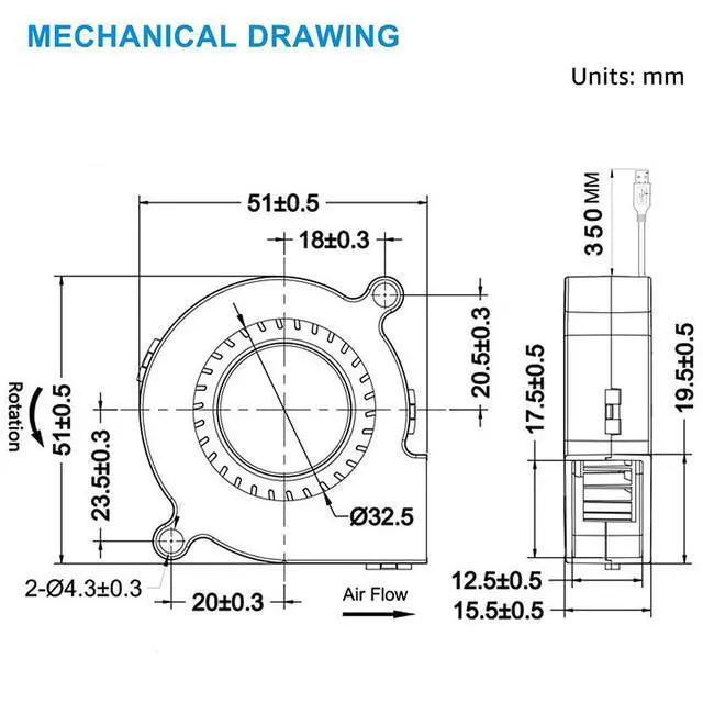 Alt view image 6 of 7 - 50mm USB Blower Fan with 3 Speeds Control, 5015 DC 5V Turbine Turbo Cooling Fan for Small Appliances Series Replacement