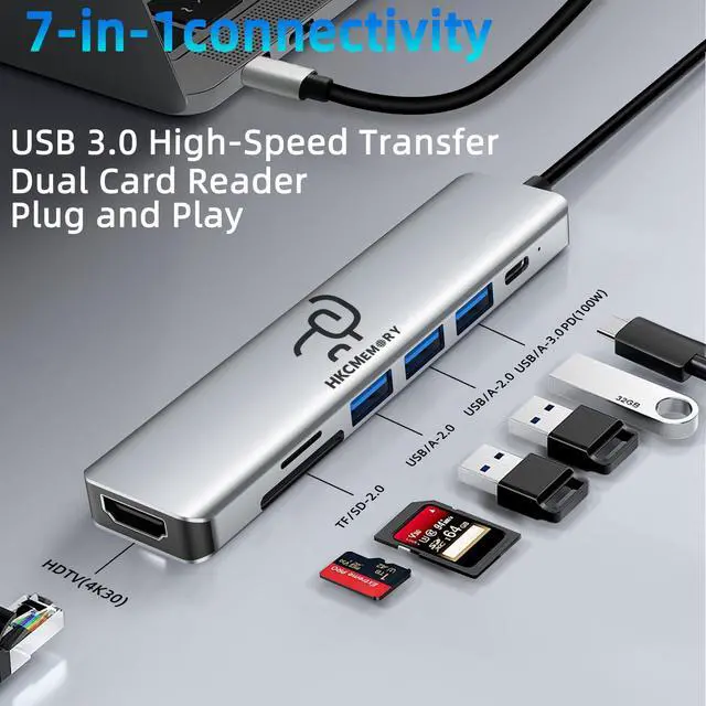 Alt view image 2 of 7 - USB C Hub 7 in 1 Adapter, 4K HDMI, 100W PD, 3 USB-A, SD/TF Card Reader, USB C Docking Station for MacBook Pro/Air, Dell XPS, HP, Lenovo Thinkpad, ASUS