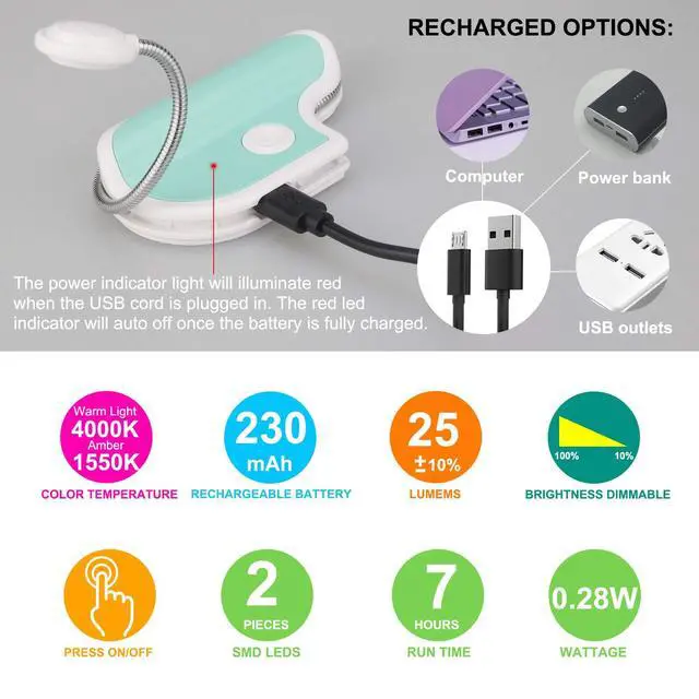 Alt view image 2 of 7 - Rechargeable Reading Light for Kids,Small Amber Book Light,Multi Colors Portable LED Reading Lamp with 361° Rotary Light Neck,Wireless Clip Reading Light for Books (White)