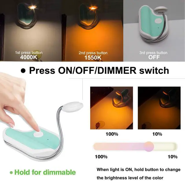 Alt view image 4 of 7 - Rechargeable Reading Light for Kids,Small Amber Book Light,Multi Colors Portable LED Reading Lamp with 361° Rotary Light Neck,Wireless Clip Reading Light for Books (White)
