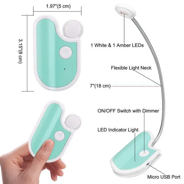 Alt view image 6 of 7 - Rechargeable Reading Light for Kids,Small Amber Book Light,Multi Colors Portable LED Reading Lamp with 361° Rotary Light Neck,Wireless Clip Reading Light for Books (White)