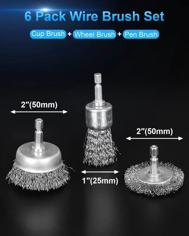 Alt view image 2 of 7 - 6 Pack Carbon Steel Wire Wheel and Pen Brush Set with 1/4-Inch Hex Shank for Rust Removal, Corrosion and Scrub Surfaces