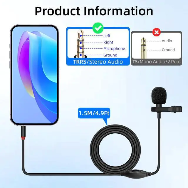 Alt view image 7 of 7 - 3.5mm Lavalier Microphone, 3.5mm(1/8") TRRS Plug Invisible Lapel Microphone Wired for Phone, PC, Camera, Audio Recording, Game Streaming 4.9FT (TRRS)
