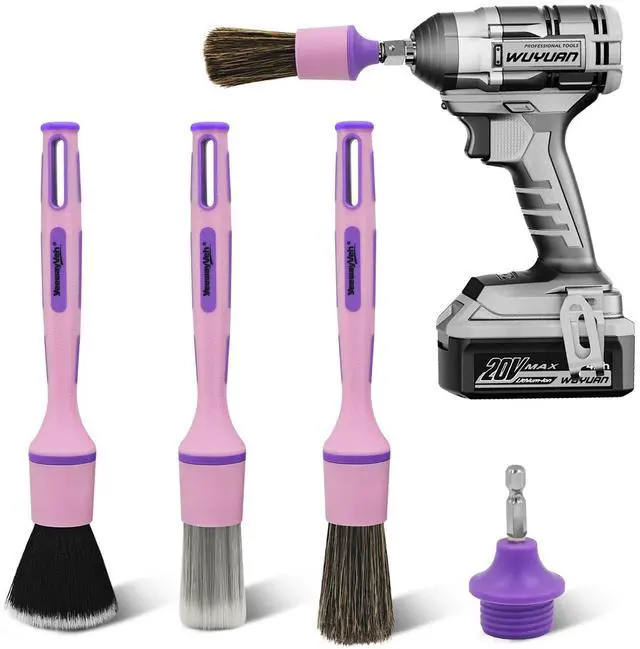 Main image of 3Pcs Car Detailing Drill Brush Set with Drill Brush Attachment Head, 1P Ultra Soft No Scratch Car Drill Brush for Air Vent Leather Seat, 1P Boars Hair & 1P Detailing Brushes for Interior Exterior,Pink