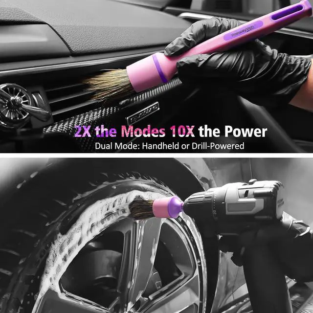 Alt view image 2 of 7 - 3Pcs Car Detailing Drill Brush Set with Drill Brush Attachment Head, 1P Ultra Soft No Scratch Car Drill Brush for Air Vent Leather Seat, 1P Boars Hair & 1P Detailing Brushes for Interior Exterior,Pink