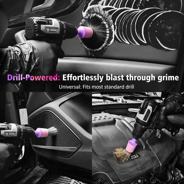 Alt view image 3 of 7 - 3Pcs Car Detailing Drill Brush Set with Drill Brush Attachment Head, 1P Ultra Soft No Scratch Car Drill Brush for Air Vent Leather Seat, 1P Boars Hair & 1P Detailing Brushes for Interior Exterior,Pink