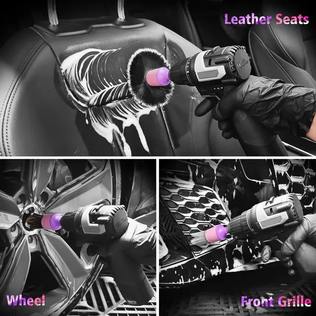 Alt view image 4 of 7 - 3Pcs Car Detailing Drill Brush Set with Drill Brush Attachment Head, 1P Ultra Soft No Scratch Car Drill Brush for Air Vent Leather Seat, 1P Boars Hair & 1P Detailing Brushes for Interior Exterior,Pink