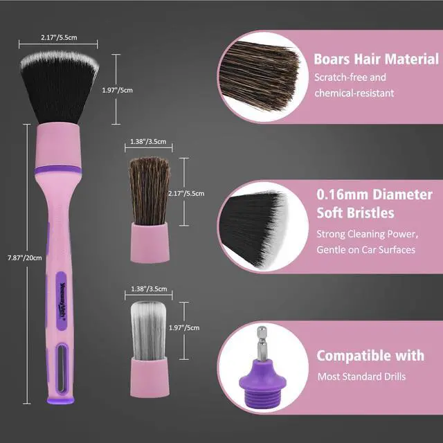 Alt view image 6 of 7 - 3Pcs Car Detailing Drill Brush Set with Drill Brush Attachment Head, 1P Ultra Soft No Scratch Car Drill Brush for Air Vent Leather Seat, 1P Boars Hair & 1P Detailing Brushes for Interior Exterior,Pink