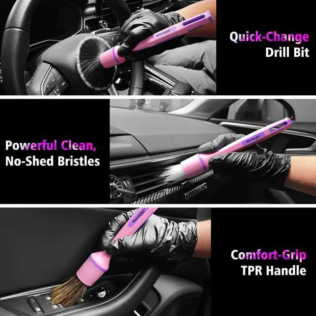 Alt view image 5 of 7 - 3Pcs Car Detailing Drill Brush Set with Drill Brush Attachment Head, 1P Ultra Soft No Scratch Car Drill Brush for Air Vent Leather Seat, 1P Boars Hair & 1P Detailing Brushes for Interior Exterior,Pink