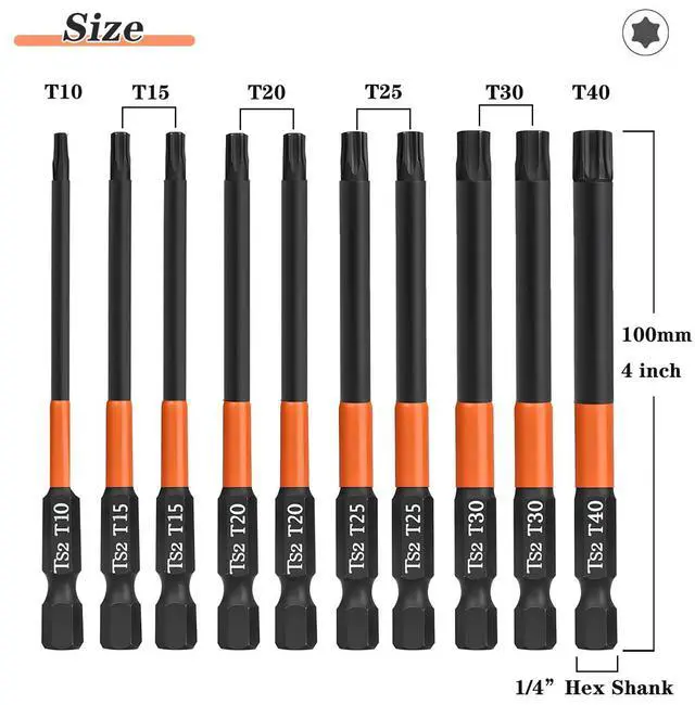 Alt view image 4 of 7 - 10-Piece S2 Steel Star Bit Set for Impact Driver, 4 Inch Long Torx Head Drill Bits, Magnetic 1/4'' Hex Shank Screwdriver Bits, T10-T40