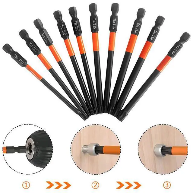 Alt view image 6 of 7 - 10-Piece S2 Steel Star Bit Set for Impact Driver, 4 Inch Long Torx Head Drill Bits, Magnetic 1/4'' Hex Shank Screwdriver Bits, T10-T40