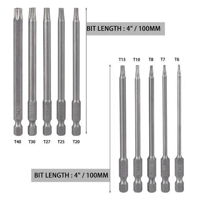 Alt view image 2 of 7 - 10 Pieces Torx Security Screwdriver Drill Bit Set T6 T7 T8 T10 T15 T20 T25 T27 T30 T40 Torx Bits 1/4 Inch Magnetic Hex Shank 4 Inch Length S2 Steel Tamper Proof Star Screwdriver Bits Tools