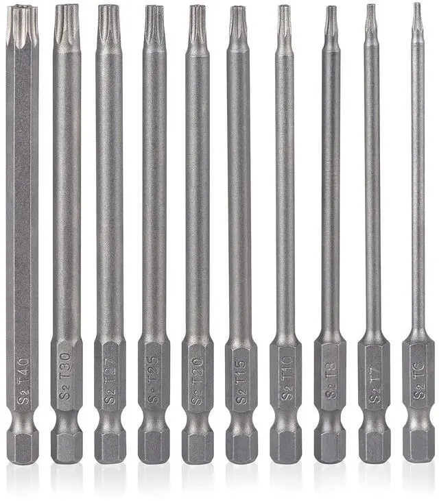 Main image of 10 Pieces Torx Security Screwdriver Drill Bit Set T6 T7 T8 T10 T15 T20 T25 T27 T30 T40 Torx Bits 1/4 Inch Magnetic Hex Shank 4 Inch Length S2 Steel Tamper Proof Star Screwdriver Bits Tools