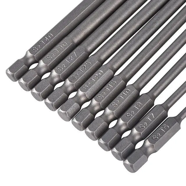 Alt view image 4 of 7 - 10 Pieces Torx Security Screwdriver Drill Bit Set T6 T7 T8 T10 T15 T20 T25 T27 T30 T40 Torx Bits 1/4 Inch Magnetic Hex Shank 4 Inch Length S2 Steel Tamper Proof Star Screwdriver Bits Tools