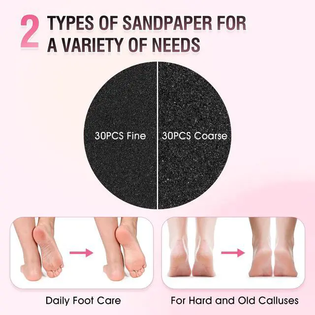 Alt view image 5 of 7 - Electric Foot File Callus Remover: Adjustable Speed 1000RPM Feet File Grinder with 60 Pcs Sandpaper Discs - Professional Pedicure Tools for Dead Skin Calluses (Pink)