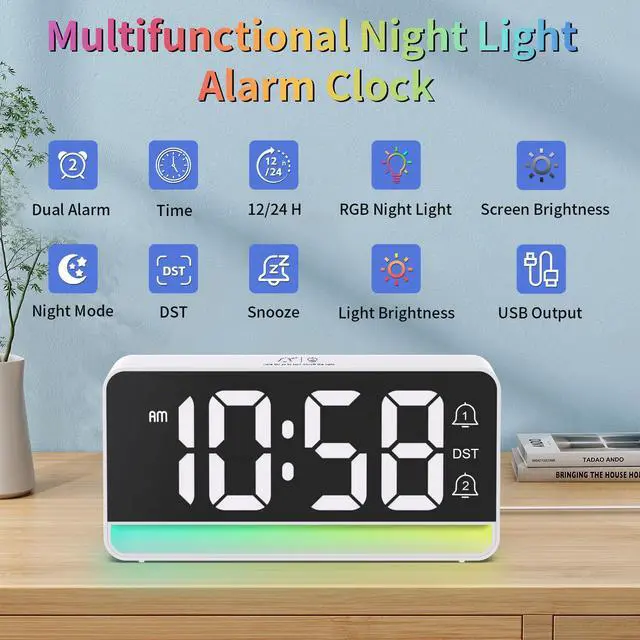 Alt view image 2 of 7 - Alarm Clock for Bedroom, Digital Clock with RGB Night Light, Adjustable Clock for Heavy Sleepers, USB Charger, Large Display, Modern Decor for Desk, Dimmable Alarm Clock for Kids(White)