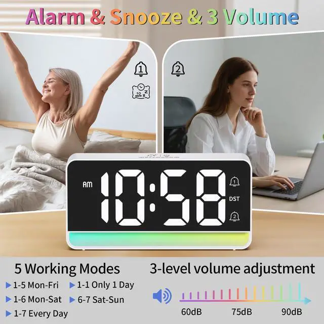 Alt view image 4 of 7 - Alarm Clock for Bedroom, Digital Clock with RGB Night Light, Adjustable Clock for Heavy Sleepers, USB Charger, Large Display, Modern Decor for Desk, Dimmable Alarm Clock for Kids(White)