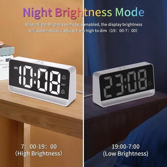 Alt view image 5 of 7 - Alarm Clock for Bedroom, Digital Clock with RGB Night Light, Adjustable Clock for Heavy Sleepers, USB Charger, Large Display, Modern Decor for Desk, Dimmable Alarm Clock for Kids(White)