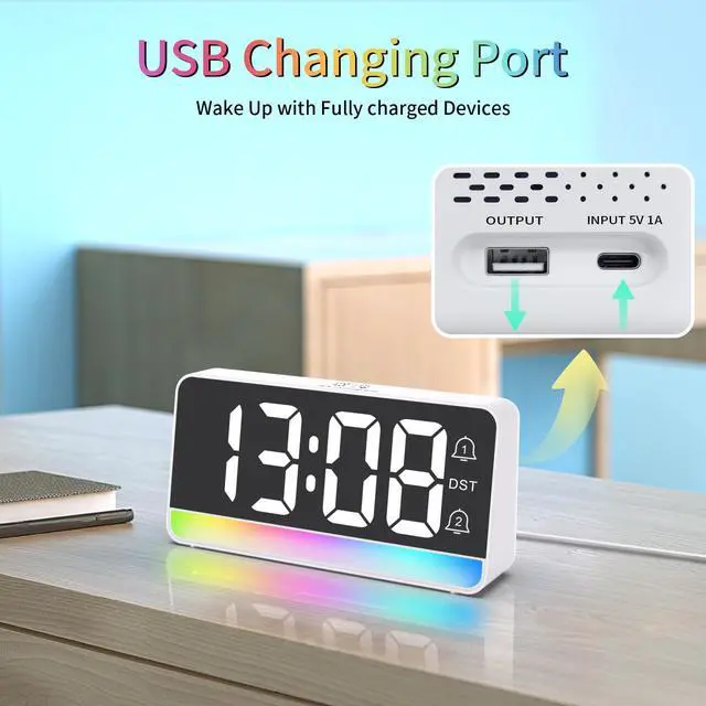 Alt view image 6 of 7 - Alarm Clock for Bedroom, Digital Clock with RGB Night Light, Adjustable Clock for Heavy Sleepers, USB Charger, Large Display, Modern Decor for Desk, Dimmable Alarm Clock for Kids(White)
