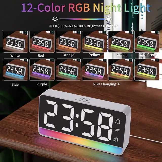Alt view image 3 of 7 - Alarm Clock for Bedroom, Digital Clock with RGB Night Light, Adjustable Clock for Heavy Sleepers, USB Charger, Large Display, Modern Decor for Desk, Dimmable Alarm Clock for Kids(White)