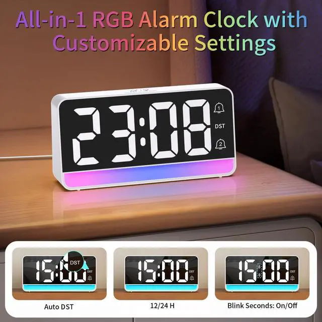Alt view image 7 of 7 - Alarm Clock for Bedroom, Digital Clock with RGB Night Light, Adjustable Clock for Heavy Sleepers, USB Charger, Large Display, Modern Decor for Desk, Dimmable Alarm Clock for Kids(White)