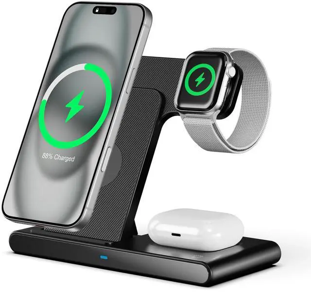 Main image of Wireless Charging Station for Apple Devices: 3 in 1 Foldable Qi Compact Case-Friendly Charger Stand for iPhone 17-12 & Apple Watch & AirPods Charging Dock for Travel Home Office Desk Nightstand(Blcak)