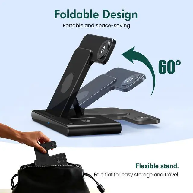 Alt view image 3 of 7 - Wireless Charging Station for Apple Devices: 3 in 1 Foldable Qi Compact Case-Friendly Charger Stand for iPhone 17-12 & Apple Watch & AirPods Charging Dock for Travel Home Office Desk Nightstand(Blcak)