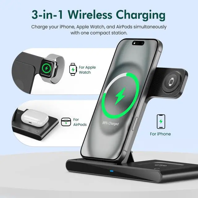 Alt view image 2 of 7 - Wireless Charging Station for Apple Devices: 3 in 1 Foldable Qi Compact Case-Friendly Charger Stand for iPhone 17-12 & Apple Watch & AirPods Charging Dock for Travel Home Office Desk Nightstand(Blcak)