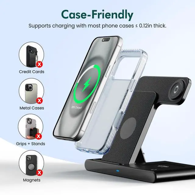 Alt view image 4 of 7 - Wireless Charging Station for Apple Devices: 3 in 1 Foldable Qi Compact Case-Friendly Charger Stand for iPhone 17-12 & Apple Watch & AirPods Charging Dock for Travel Home Office Desk Nightstand(Blcak)