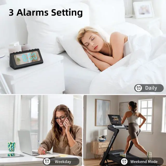 Alt view image 6 of 7 - Dual Alarm Clocks for Bedrooms,Desk Clock with Large Numbers,Loud Alarm for Heavy Sleepers,7 Light Modes,Snooze,12/24H,Modern Minimalist Design,Bedside Clock for Adults,Teens,Kids,Moms-Black