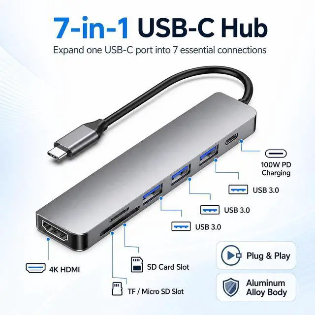 Alt view image 2 of 7 - USB C Hub 7-in-1 Multiport Adapter for MacBook Pro/Air, USB C Adapter with 4K HDMI, USB 3.0 Ports, 100W PD Charging, SD/TF Card Reader, Aluminum USB C Docking Station for Laptop