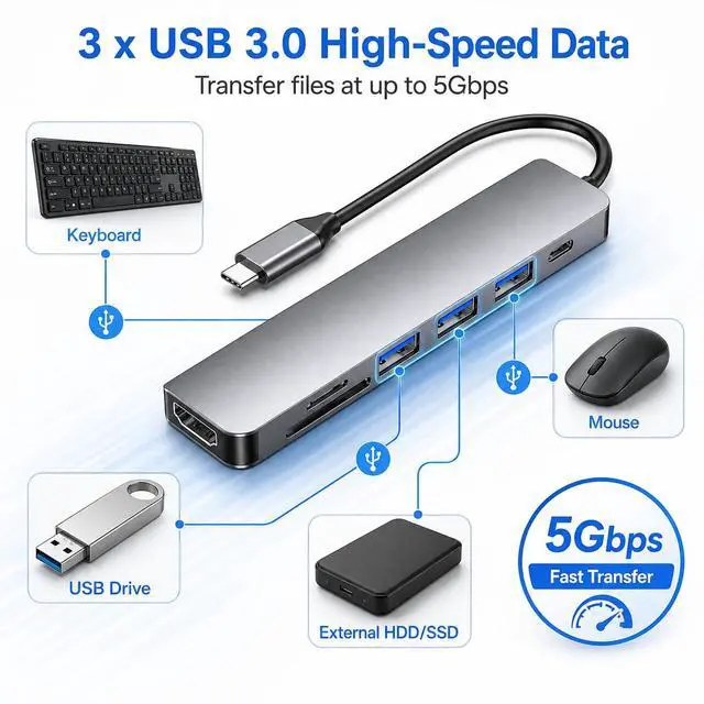 Alt view image 3 of 7 - USB C Hub 7-in-1 Multiport Adapter for MacBook Pro/Air, USB C Adapter with 4K HDMI, USB 3.0 Ports, 100W PD Charging, SD/TF Card Reader, Aluminum USB C Docking Station for Laptop