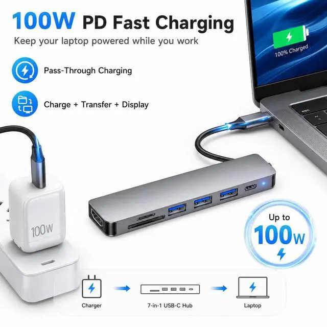 Alt view image 6 of 7 - USB C Hub 7-in-1 Multiport Adapter for MacBook Pro/Air, USB C Adapter with 4K HDMI, USB 3.0 Ports, 100W PD Charging, SD/TF Card Reader, Aluminum USB C Docking Station for Laptop