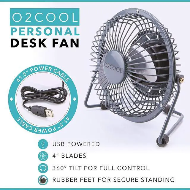 Alt view image 3 of 7 - 4" USB Personal Desk Fan Portable Mini Table Cooling Fan - Plugs into Computer - Adjustable 360° Tilt, Quiet, Rubber Grip Feet - Grey