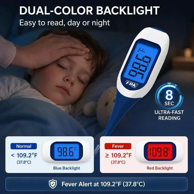 Alt view image 2 of 7 - Large LCD Screen Digital Thermometer for Fever, 8 Seconds Fast & Accurate Readings, Large LCD Dual Color Backlight Flexible Tip Ideal for Adults Kids and Babies FSA