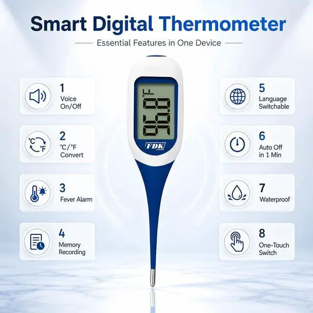 Alt view image 4 of 7 - Large LCD Screen Digital Thermometer for Fever, 8 Seconds Fast & Accurate Readings, Large LCD Dual Color Backlight Flexible Tip Ideal for Adults Kids and Babies FSA