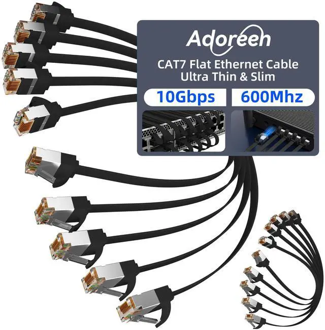 Main image of Cat 7 Flat Ethernet Cable 3 Ft/10 Pack, High-Speed Shielded Internet Network Cable with Low Profile&Compact RJ45 Connector, Thin Slim Short Cat 6E 6A Patch Cord,S/FTP,POE,10Gbps 600MHZ, Black