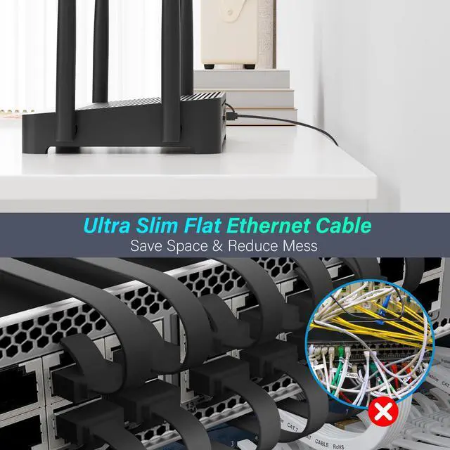 Alt view image 3 of 6 - Cat 7 Flat Ethernet Cable 3 Ft/10 Pack, High-Speed Shielded Internet Network Cable with Low Profile&Compact RJ45 Connector, Thin Slim Short Cat 6E 6A Patch Cord,S/FTP,POE,10Gbps 600MHZ, Black