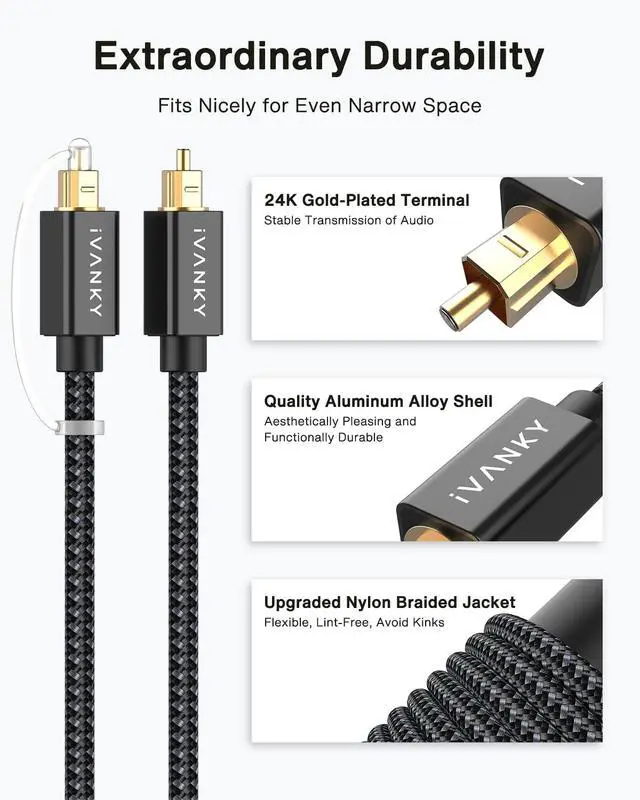 Alt view image 2 of 4 - Optical Audio Cable 3.3ft/1M, Nylon Braided, 24K Gold-Plated, Slim Metal Case, CL3 Rated, S/PDIF Digital Audio Fiber Optic Cable for Home Theater, Sound Bar, TV, PS4, Xbox, Samsung, Vizio