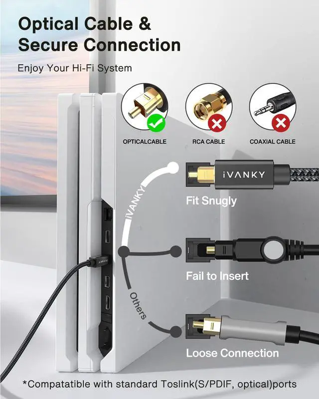 Alt view image 3 of 4 - Optical Audio Cable 3.3ft/1M, Nylon Braided, 24K Gold-Plated, Slim Metal Case, CL3 Rated, S/PDIF Digital Audio Fiber Optic Cable for Home Theater, Sound Bar, TV, PS4, Xbox, Samsung, Vizio
