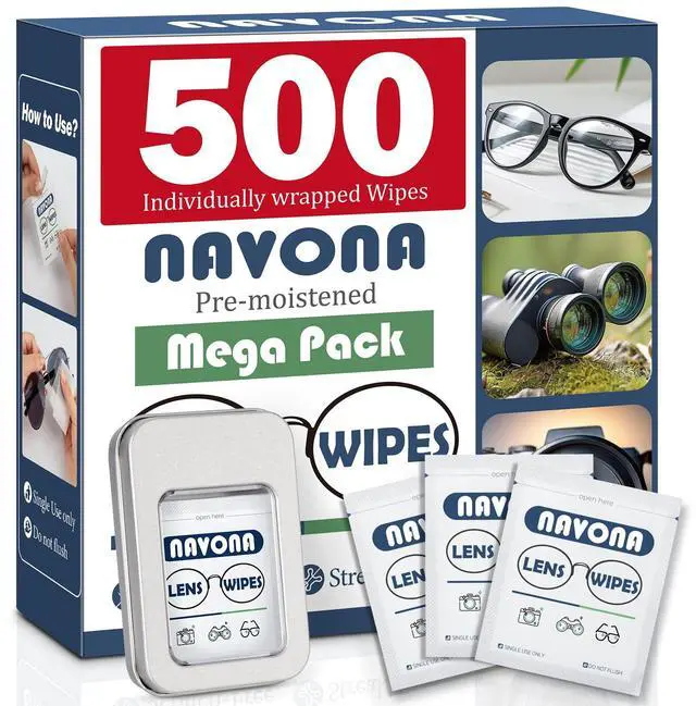 Main image of 500 Count Lens Wipes for Eyeglasses Pre-Moistened, Individually Wrapped Eyeglass Cleaning Wipes Scratch-Free, Streak-Free Glasses Cleaner Wipes for Sunglasses & Camera Lens Bulk Pack