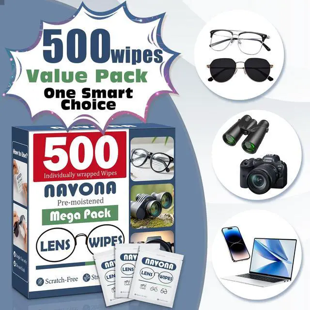 Alt view image 2 of 7 - 500 Count Lens Wipes for Eyeglasses Pre-Moistened, Individually Wrapped Eyeglass Cleaning Wipes Scratch-Free, Streak-Free Glasses Cleaner Wipes for Sunglasses & Camera Lens Bulk Pack