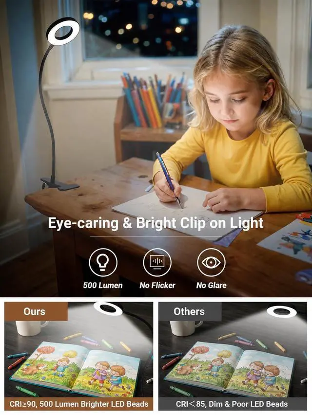 Alt view image 4 of 7 - Clip on Lamp,5 Colors+10 Brightness Memory LED Desk Lamp with Clamp Light