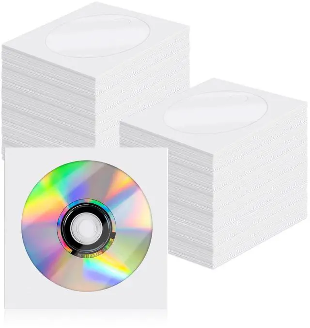 Main image of CD DVD Sleeves 200 Pack, White CD DVD Sleeves Envelope Holder with Clear Window and Flap (5x5 inch/12.7x12.7 cm)